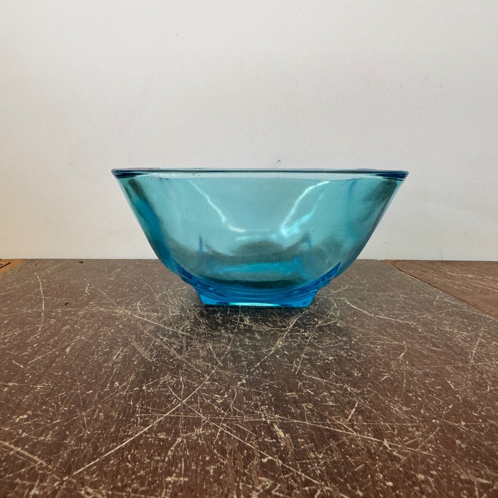 Vintage Aqua Blue Square Art Glass Bowl Mid Century‎ Modern MCM Decorative